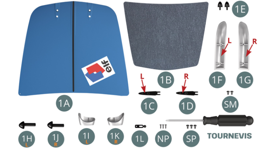 1A Capot1B Panneau d’isolation de capot1C Charnière de capot gauche (marquée L)1D Charnière de capot droite (marquée R)1E Support de charnière (x 2)1F Pare-chocs avant gauche (marqué L)1G Pare-chocs avant droit (marqué R)1H Caoutchouc de butoir de pare-chocs gauche1I Butoir de pare-chocs gauche1J Caoutchouc de butoir de pare-chocs droit1K Butoir de pare-chocs droit1L Serrure de capotTournevisNP Vis M 1,2 x 4 mm (x 3)SP Vis M 1,7 x 3 mm (x 3)SM Vis M 1,7 x 3 mm (x 2)