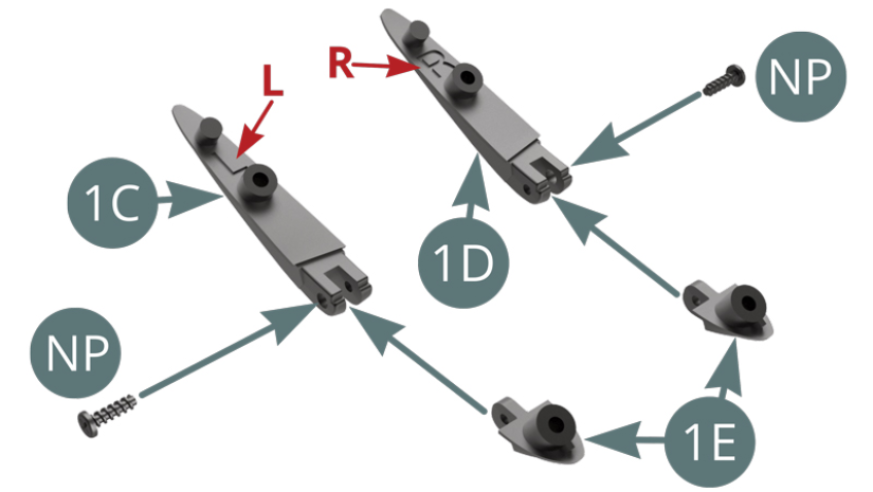 Positionner les charnières de capot gauche 1C et droite 1D sur un support 1E et fixer chacune d’elle avec une vis NP.  