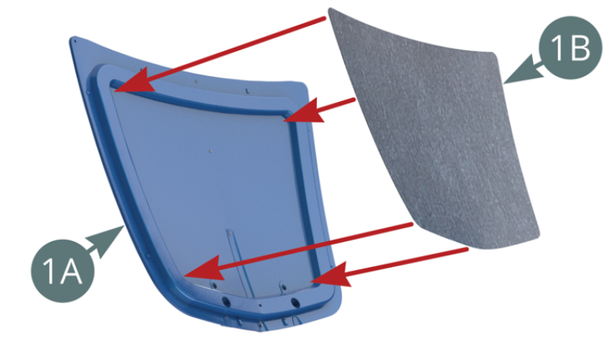 Apply and smooth the insulation panel (1B) to the inner face of the bonnet (1A). Position the left (1C) and right (1D) bonnet hinges on the bonnet (1A) and secure with two SP screws as shown in the illustration above.