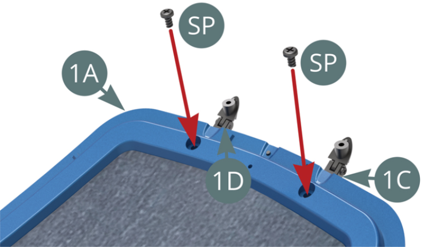 Left (1C) and right (1D) bonnet hinges attached to the bonnet (1A) with two SP screws - shown opposite and below,