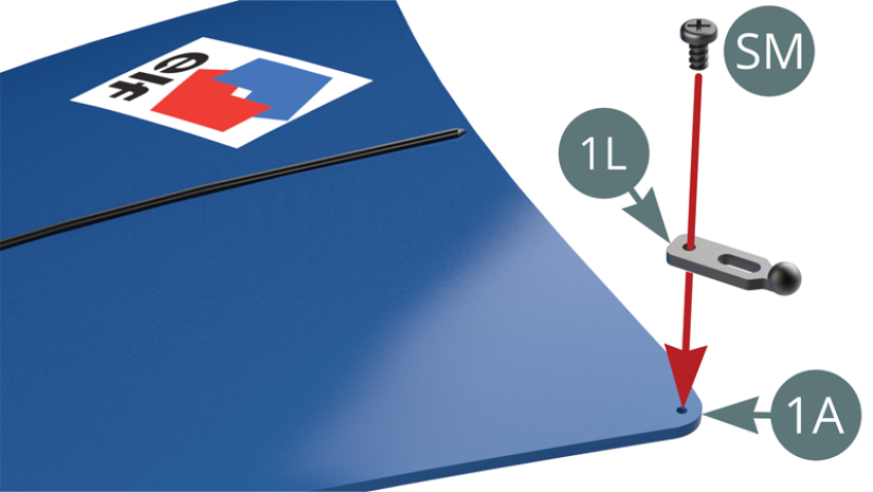 Positionner la serrure de capot 1L sur le capot 1A et la fixer avec une vis SM (illustrations ci-dessus).