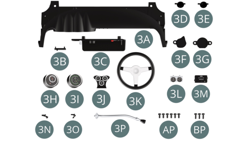 3A Dashboard 3B Fan control 3C Display panel 3D Left fan flap 3E Right fan flap 3F Left fan flap bracket3G Right fan flap bracket3H Rev counter 3I Speedometer 3J Oil gauge and voltmeter block 3K Steering wheel 3L Timing block 3M Tripmaster 3N Switch 3O Switch 3P Reading lampScrew AP M 1,7 x 4 mm (x 6) Screw BP M 1,7 x 5 mm (x 3)