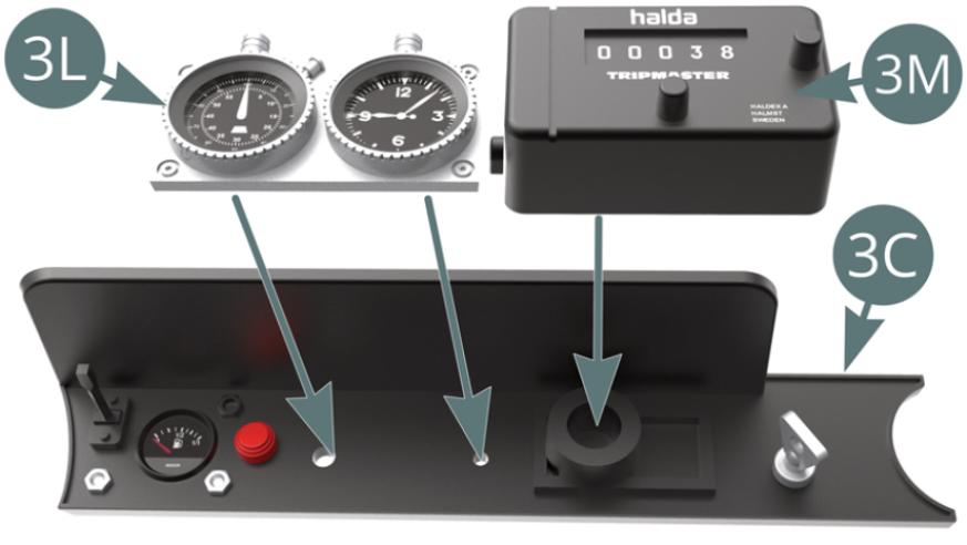 Positionner le bloc de chronométrage 3L et le Tripmaster 3M sur le panneau d’affichage 3C. Positionner le panneau d’affichage 3C sur le tableau de bord 3A et  le fixer avec deux vis AP.