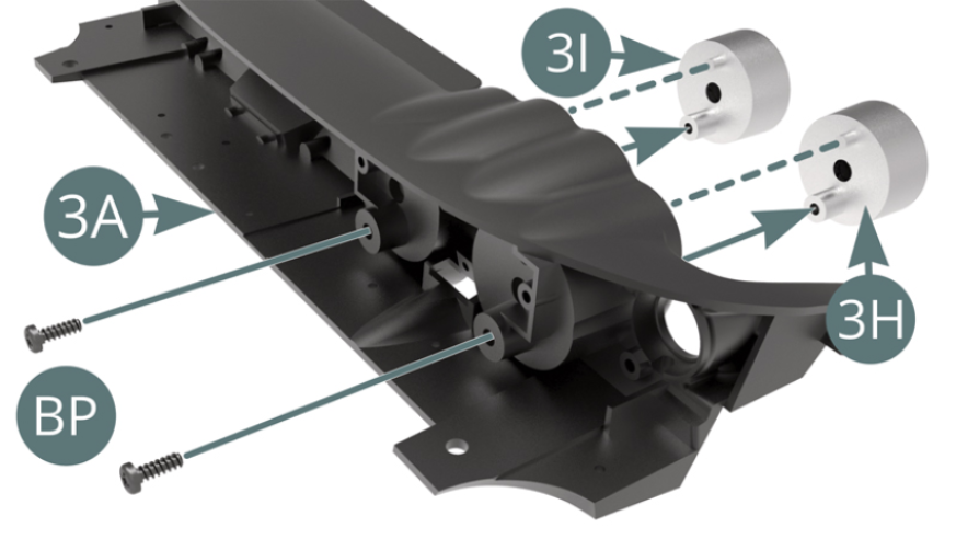 Positionieren Sie den Drehzahlmesser (3H) und den Geschwindigkeitsmesser (3I) auf dem Armaturenbrett (3A) und mit zwei BP-Schrauben befestigen (siehe nebenstehende und folgende Abbildungen). Die Ventilatorsteuerung (3B) auf das Armaturenbrett (3A) setzen.