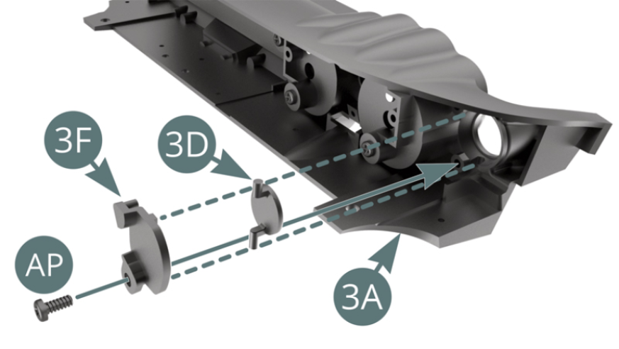 Position the left fan flap (3D) on the air outlet on the left side of the dashboard (3A) and keep it in place with the bracket (3F) fixed with an AP screw (illustrations above).