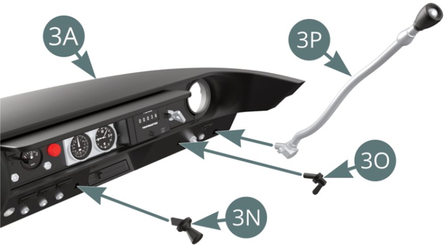 Montar os dois Switches (3F). Montar os dois interruptores (3N e 3O) e a luz de leitura (3P) no painel de instrumentos (3A). Instalar a aba de ventilação direita (3E) na saída de ar do lado direito do tablier (3A) e fixá-la com o suporte (3G) fixado com dois parafusos AP (ver ilustrações).