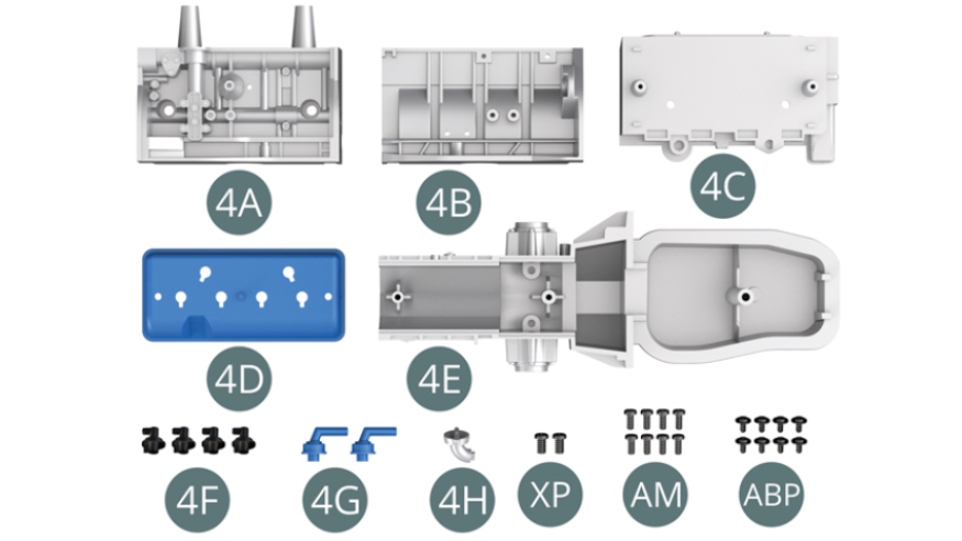 4A Bloque motor izquierdo 4B Bloque motor derecho 4C Parte superior del bloque motor 4D Culata 4E Cárter de aceite y transmisión 4F Bujía de encendido (x 4) 4G Tubo de admisión de aire (x 2)4H Boquilla de llenado de aceiteTornillo XP M 2,3 x 4 mm (x 2) Tornillo AM M 1,7 x 3 mm (x 8) Tornillo ABP M 1,4 x 3 x 4 mm (x 8)