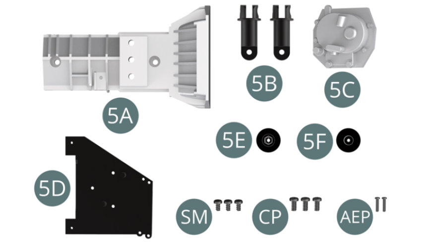 5A Parte superior de caja de cambios 5B Junta de transmisión (x 2) 5C Tapa trasera caja de cambios 5D Distanciador del motor 5E Llanta exterior de la polea del motor5F Llanta interior de la polea del motor Tornillo SM M 1,7 x 3 mm (x 3) Tornillo CP M 2,0 x 4 mm (x 3) Tornillo AEP M 1,2 x 5 mm (x 2)