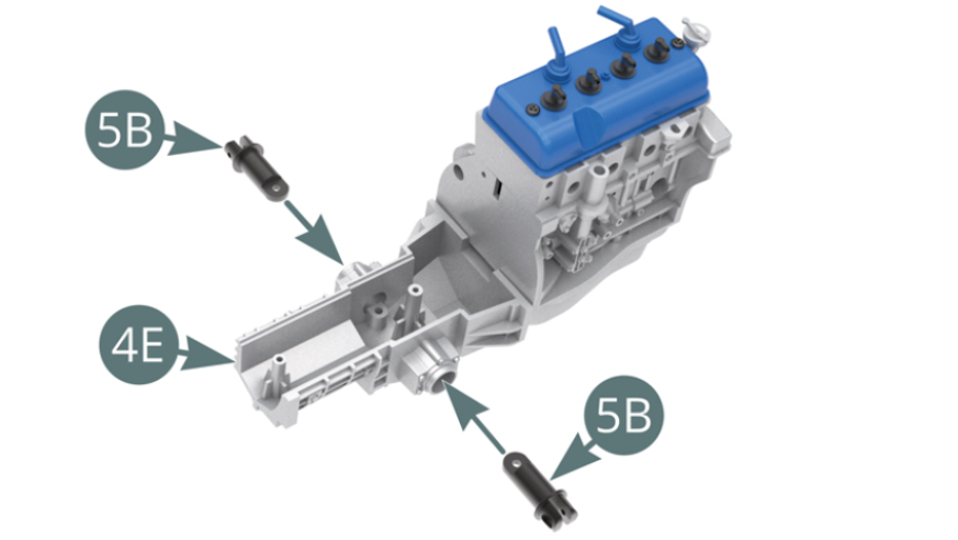 Position the two transmission joints (5B) in the housings of the lower gearbox housing (4E) and secure them with two CP screws (shown below).