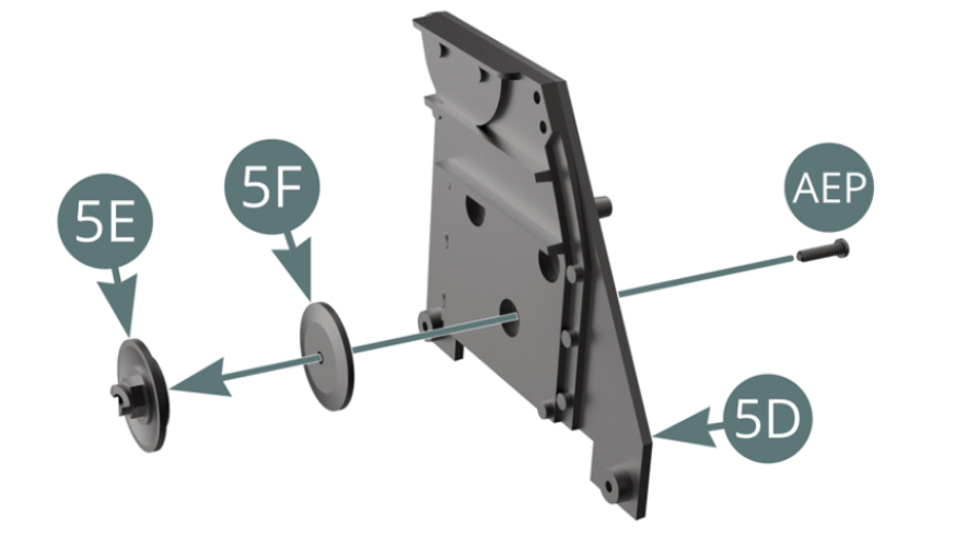 Position the inner (5F) and outer (5E) motor pulley rims on the spacer (5D) and secure with an AEP screw.