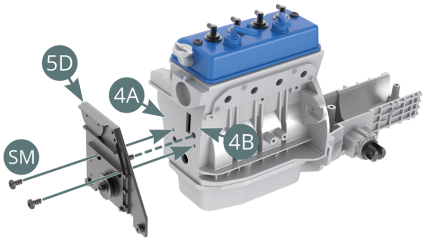 Position the spacer (5D) on the left (4A) and right (4B) end of the motor block and secure with two SM screws.