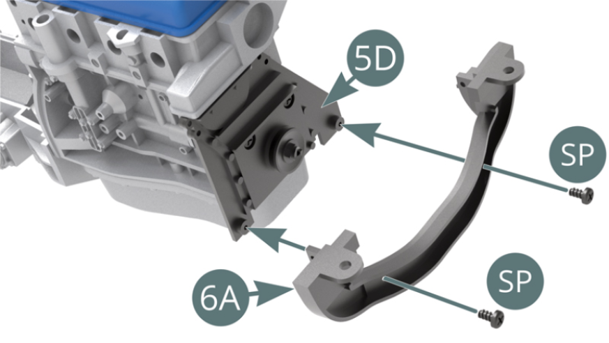 Position the engine support bracket (6A) on the spacer (5D) and secure with two SP screws. Position the left lower engine support arm (6D) onto the left engine block (4A) and support bracket (6A) and secure with three QM screws.