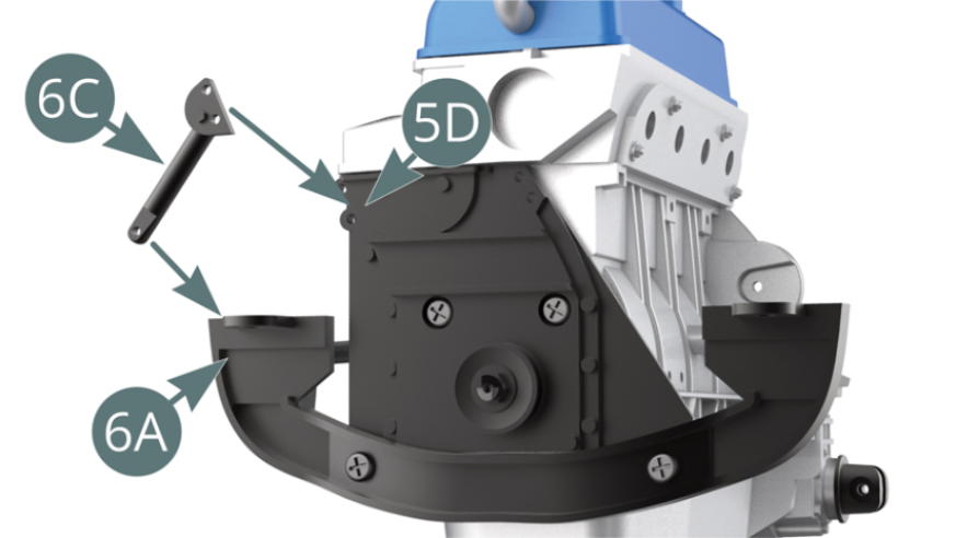 Position the left upper engine support arm (6C) onto the spacer (5D) and support bracket (6A). Attach the lower end of the left upper engine support arm (6C) to the engine support bracket (6A) with a QM.