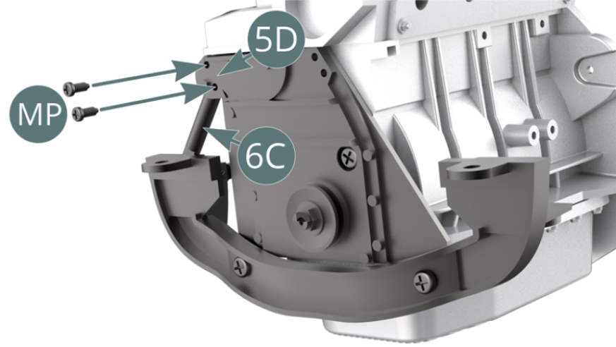 Fixer l’extrémité supérieure du bras supérieur gauche 6C sur l’entretoise 5D avec deux vis MP.