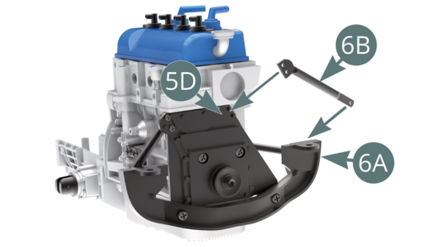 Position the right upper engine support arm (6B) onto the spacer (5D) and support bracket (6A). Attach the lower end of the upper right arm (6B) to the motor support cradle 6A with a QM screw.