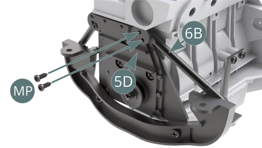 Fixer l’extrémité supérieure du bras supérieur droit 6B sur l’entretoise 5D avec deux vis MP.