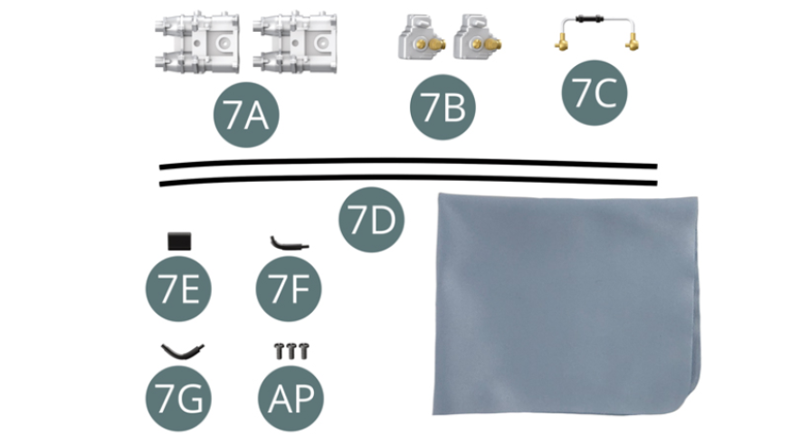 7A Intake manifold (x 2) 7B Carburettor (x 2) 7C Connecting hose 7D Oil line (x 2)7E Clamp 7F Elbow fitting 7G Elbow fitting AP Screw M 1.7 x 4 mm (x 3)