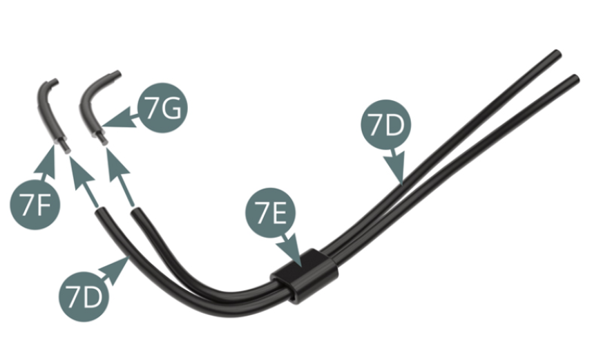 Pass the two oil lines (7D) through the clamp (7E). Position the two oil lines (7D) on the elbows (7F) and (7G).