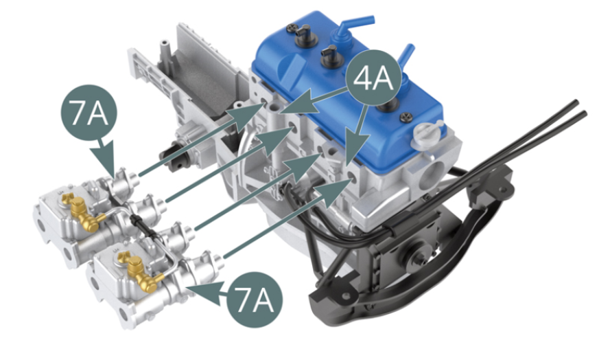 Positionner les collecteurs d’admission 7A en haut du bloc moteur gauche 4A.