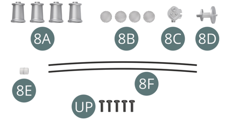 8A Air intake trumpet (x 4) 8B Air filter grill (x 4) 8C Oil pump 8D Oil pump support 8E Oil filter 8F Oil line (x 2) Screw UP M 1.7 x 6 mm (x 5)