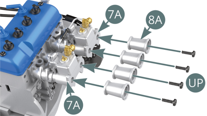 Positionner quatre trompettes d’admission d’air 8A sur les carburateurs 7A et les fixer avec quatre vis UP.