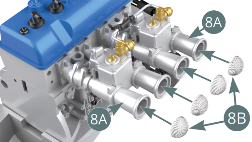 Positionner les quatre grilles de filtre à air 8B sur les trompettes d’admission d’air 8A.