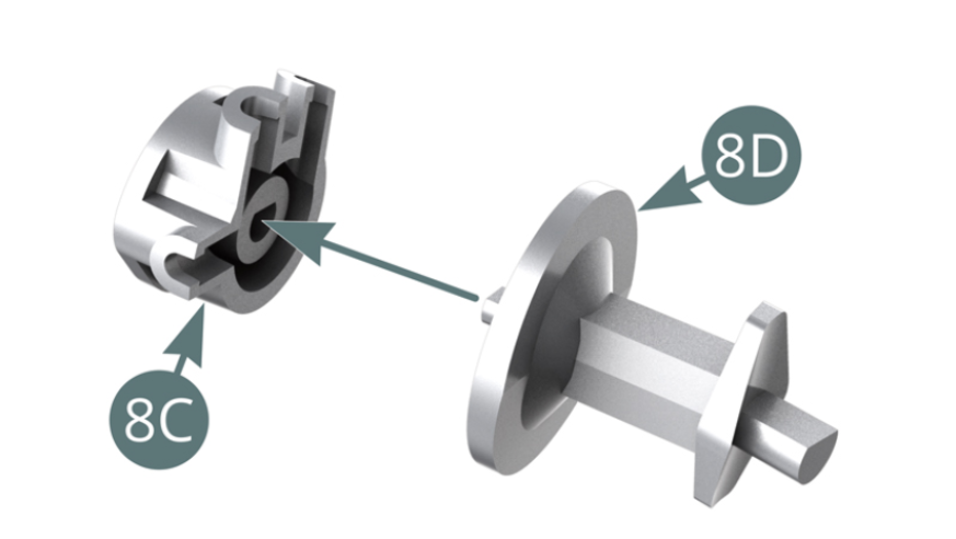 Position the oil pump (8C) on the oil pump support (8D). Run one oil line (8F) through the oil filter (8E). Position the two oil lines (8F) on the oil pump (8C).