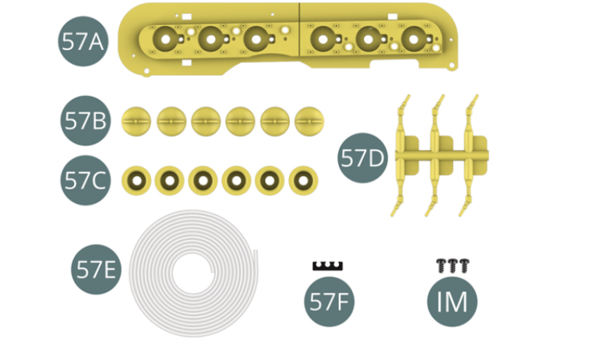 57A Panneau de trompettes droit57B Cache-trompette (x 6)57C Col de trompette (x 6)57D Buse d’admission57E Conduite de carburant57F Guide de conduite de carburantIM Vis M 1,7 x 3,5 mm (x 3)