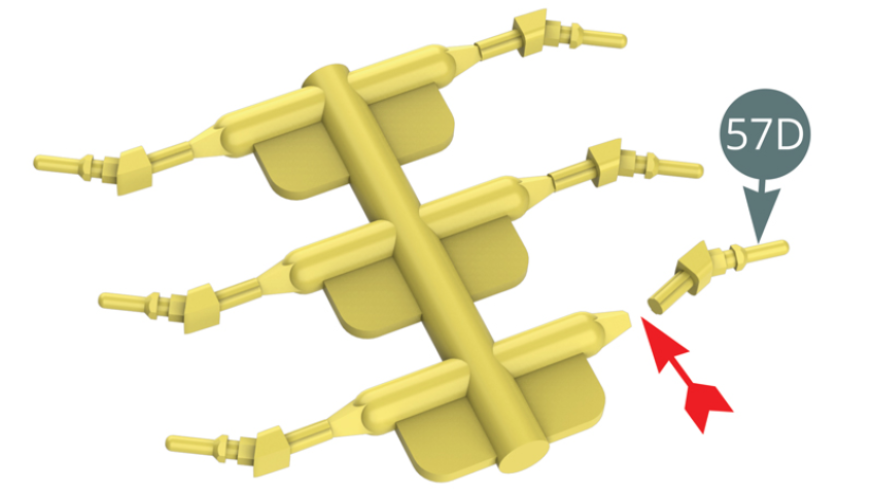 Détacher les six buses d’admission 57D de la grappe de moulage et les positionner sur le panneau de trompettes droit 57A (illustrations ci-contre).