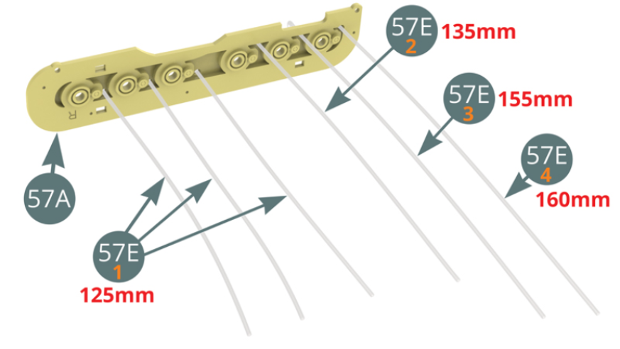 Corta la Línea de combustible (57E) en tres tramos: 57E-1 (125 mm), 57E-2 (135 mm), 57E-3 (155 mm) y 57E-4 (160 mm). Pásalos a través del Panel de trompetas derecho (57A) y fíjalos a sus respectivas Boquillas (57D) - ver las ilustraciones al lado.