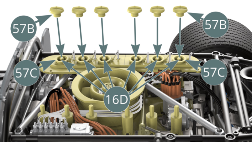 Fixar as seis tampas de trompa (57B) nos chifres de admissão (16D) nos seis colares de trompa (57C).