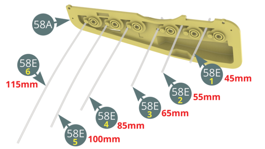 Corta la Línea de combustible (58E) en seis tramos: 58E-1 (45 mm), 58E-2 (55 mm), 58E-3 (65 mm) y 58E-4 (85 mm), 58E-5 (100 mm) y 58E-6 (115 mm). Pásalos a través del Panel de trompetas izquierdo (58A) y fíjalos a sus respectivas Boquillas (58D) - ilustraciones al lado.