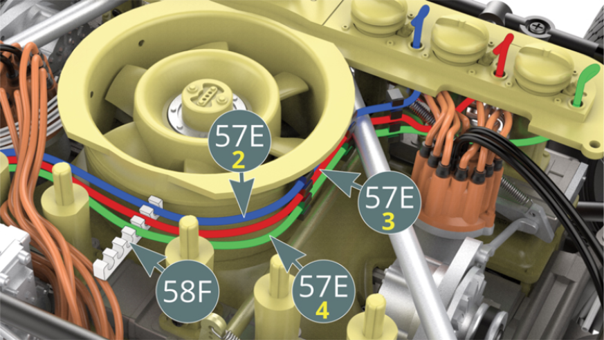 Pasa las tres Líneas de combustible (57E-2, 57E-3 y 57E-4) por la Guía de línea (58F). Observa el orden de paso indicado por los cables rojo, azul y verde.