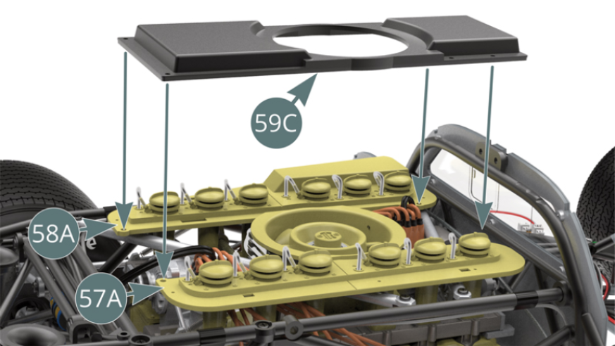 Positionner le couvercle moteur 59C sur les panneaux de trompettes d’admission gauche 58A et droit 57A, puis le fixer avec cinq vis LP (illustrations ci-contre).