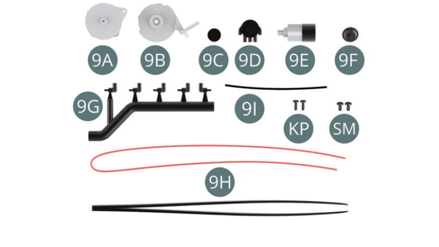 9A Lichtmaschine 9B Träger der Lichtmaschine9C Deckel 9D Verteilerkopf 9E Zündverteiler 9F Unterdruckventil 9G Verteilerklemme (5 Stück) 9H Hochspannungskabel 9I Hochspannungskabel Pinzette Schraube KP M 1,4 x 4 mm (x 2) Schraube SM M 1,7 x 3 mm (2 x)