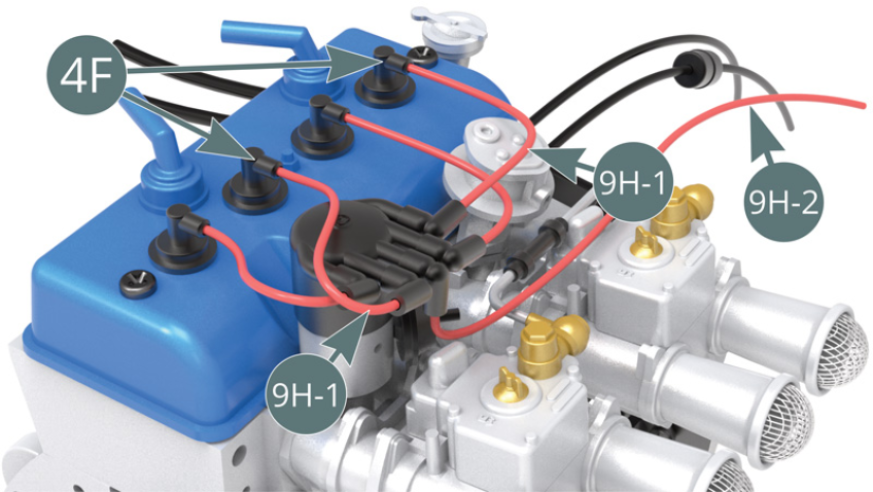 Connecter une extrémité des quatre câbles à haute tension 9H-1 et du câble 9H-2 (flèche verte) aux bornes de distributeur 9G. Positionner les bornes 9G sur la tête de distributeur 9D.