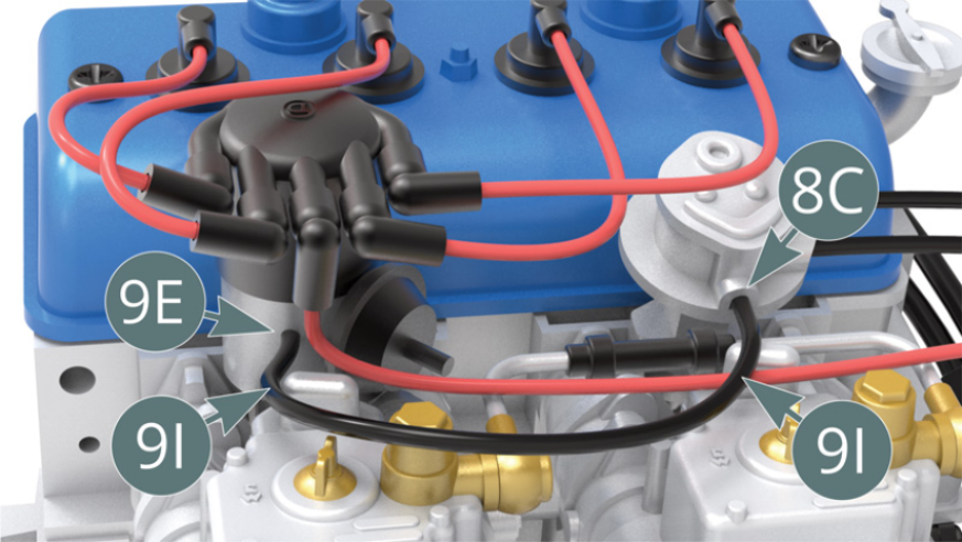 Connect the high voltage cable (9I) to the ignition distributor (9E) and oil pump (8C).