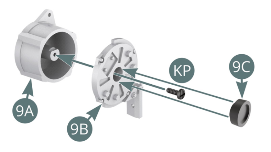 Position the alternator (9A) onto the alternator bracket (9B) and secure with a KP screw. Position the cover (9C) onto the alternator bracket (9B).