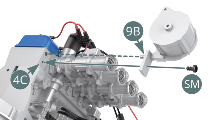 Position the alternator bracket (9B) onto the top of the engine block (4C) and secure with an SM screw (shown opposite and below).