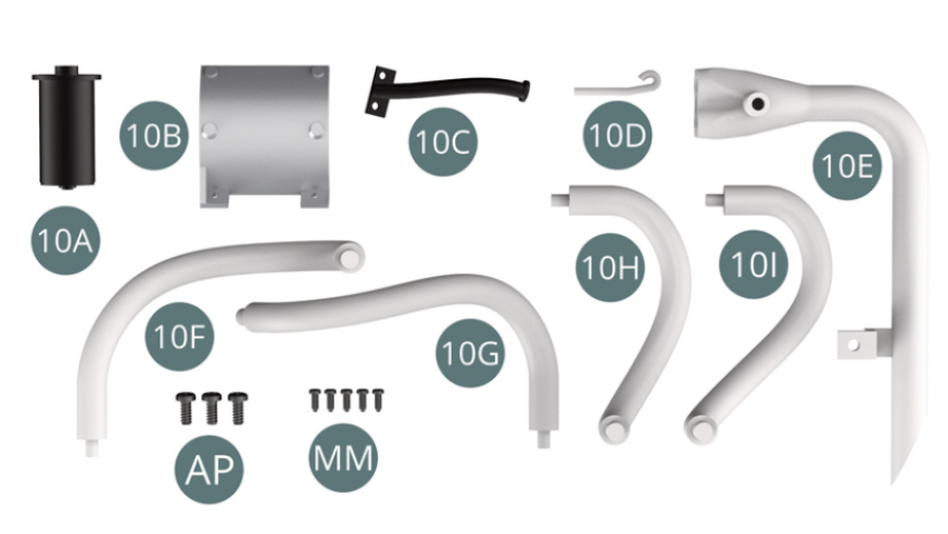 10A Starter 10B Heat shield 10C Dipstick tube 10D Oil dipstick 10E Connecting pipe 10F Exhaust manifold #1 10G Exhaust manifold #2 10H Exhaust manifold #3 10I Exhaust manifold #4 Screw AP M 1.7 x 4 mm (x 3) Screw MM M 1.2 x 3 mm (x 5)