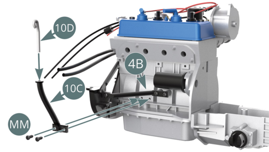 Insert the dipstick (10D) into the dipstick tube (10C). Position the dipstick tube (10C) on the right-hand engine block (4B) and secure with two MM screws.