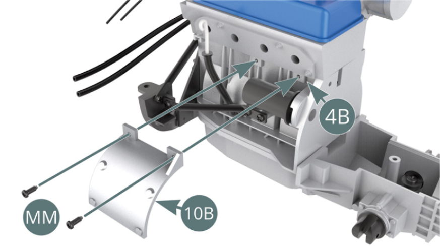 Position the heat shield (10B) on the engine block right hand side (4B) and secure with two MM screws. 