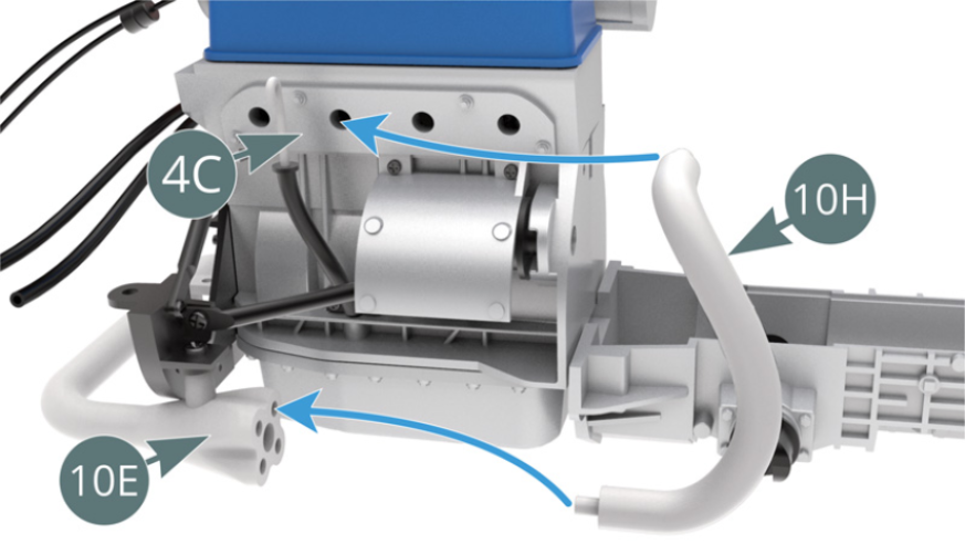 Position Exhaust Manifold #3 (10H) on connecting tube (10E) and top of engine block (4C) - blue arrows. 