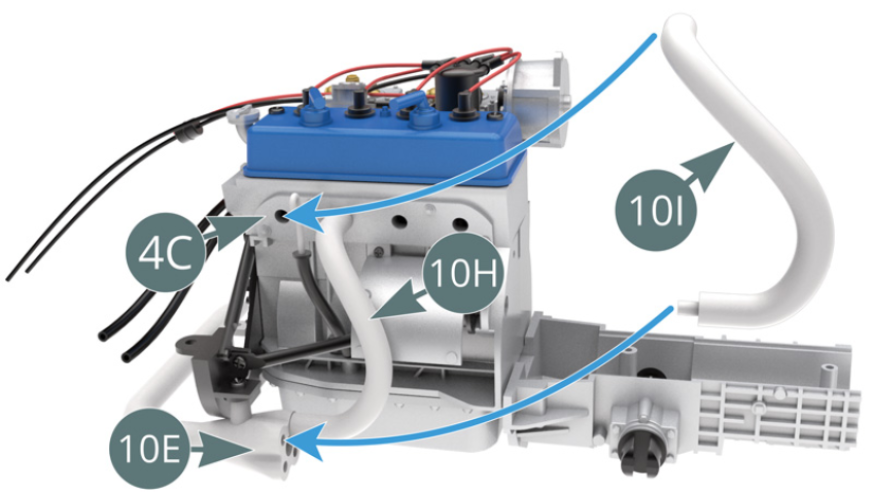 Position exhaust manifold #4 (10I) on connection tube (10E) and top of engine block (4C) - blue arrows.