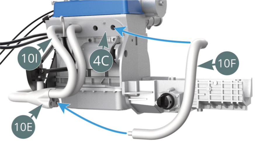 Position Exhaust Manifold #1 (10F) on connecting tube (10E) and top of engine block (4C) - blue arrows. 