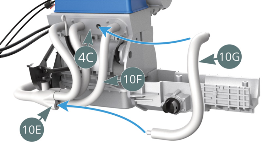 Position Exhaust Manifold #2 (10G) on connection tube (10E) and top of engine block (4C) - blue arrows.