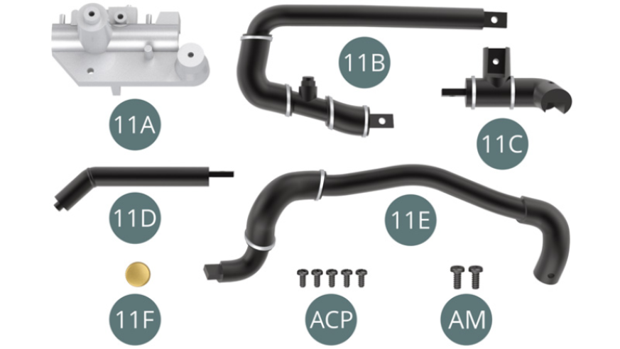 11A Front of engine block 11B Cooling hose left 11C Hose elbow 11D Water filler spout 11E Cooling hose11F Water hose cap Screw ACP M 1.4 x 3 mm (x 5) Screw AM M 1.7 x 4 mm (x 2)