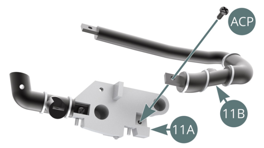 Position the left cooling hose (11B) on the front of the engine block (11A) and secure with an ACP screw.