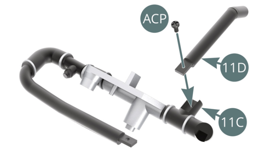 Positionner la goulotte de remplissage d’eau 11D sur le coude de durite 11C et la fixer avec une vis ACP.