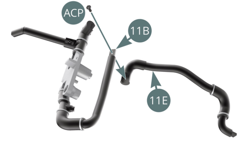 Position the cooling hose (11E) onto the left cooling hose (11B) and secure with an ACP screw.